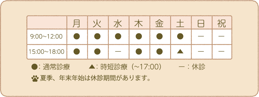 三鷹・調布の動物病院　ほほえみ動物病院の診療時間　午前中9:00〜12:00午後15:00〜18:00日曜祝日休診、水曜午後休診、土曜午後17時まで