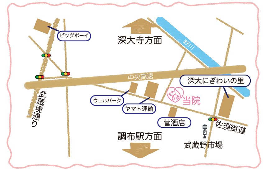 調布・三鷹の動物病院　ほほえみ動物病院は佐須街道沿いにあります。