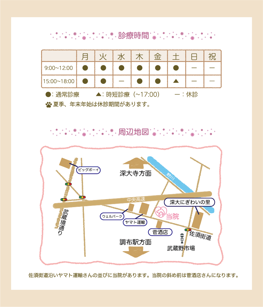 調布・三鷹の動物病院、ほほえみ動物病院の診療時間は9:00-12:00,15:00-18:00です。日曜祝日は休診です。水曜は午後休診、土曜は17時までとなります。調布市武蔵野市場のすぐそば。ウェルパークさん、ヤマト運輸さんの並びです。駐車場3台あります。